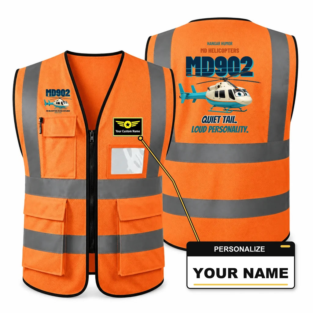 MD Helicopters MD 902 Explorer - Quiet tail. Loud personality. design on orange high-visibility reflective vest with custom name badge