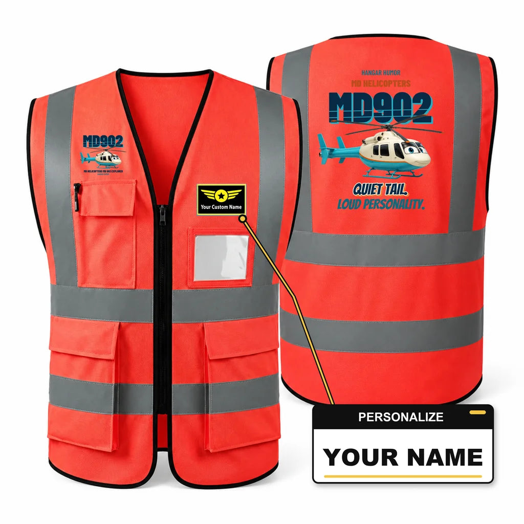 MD Helicopters MD 902 Explorer - Quiet tail. Loud personality. design on red high-visibility reflective vest with custom name badge