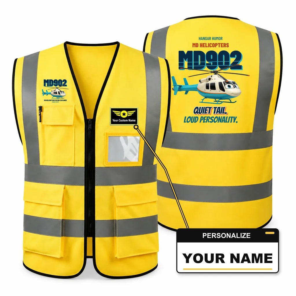 MD Helicopters MD 902 Explorer - Quiet tail. Loud personality. design on yellow high-visibility reflective vest with custom name badge