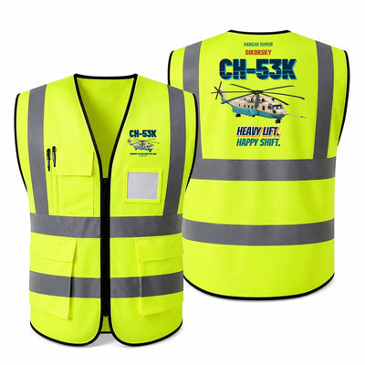 Sikorsky CH-53K King Stallion - Heavy lift. Happy shift. design on fluorescent green high-visibility reflective vest