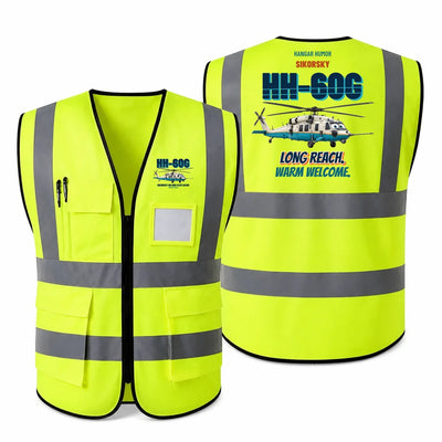 Sikorsky HH-60G Pave Hawk - Long reach. Warm welcome. design on fluorescent green high-visibility reflective vest