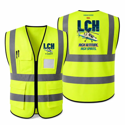 HAL LCH Prachand - High altitude. High spirits. design on fluorescent green high-visibility reflective vest