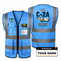 Thumbnail for Grumman C-2A Greyhound - Deck delivery. Happy arrival. design on blue high-visibility reflective vest with custom name badge