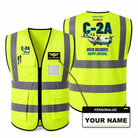 Thumbnail for Grumman C-2A Greyhound - Deck delivery. Happy arrival. design on fluorescent green high-visibility reflective vest with custom name badge