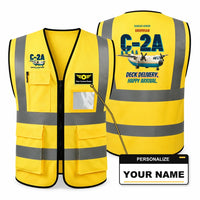 Thumbnail for Grumman C-2A Greyhound - Deck delivery. Happy arrival. design on yellow high-visibility reflective vest with custom name badge