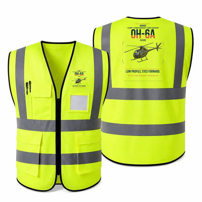 Hughes OH-6A Cayuse aviation design on fluorescent green high-visibility reflective vest