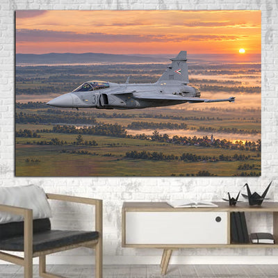 Hungarian Air Force Saab JAS 39C Gripen clean air-policing patrol above the Hungarian plain at dawn canvas - 1 Piece