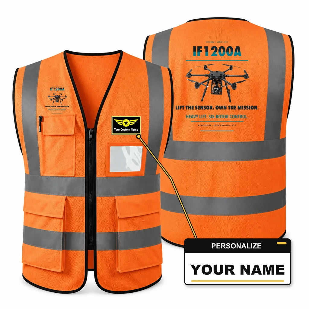 Inspired Flight IF1200A aviation design on orange high-visibility reflective vest with custom name badge