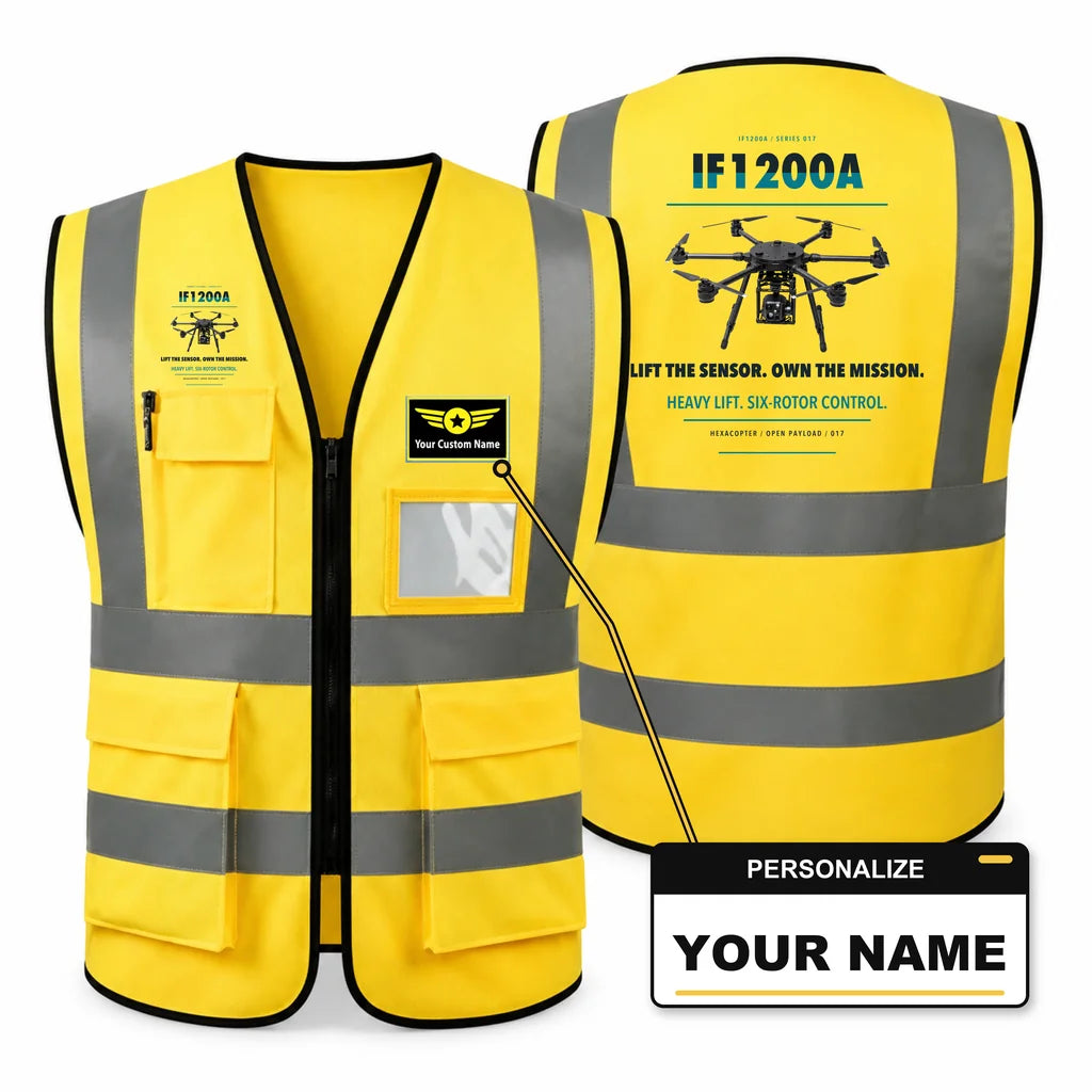 Inspired Flight IF1200A aviation design on yellow high-visibility reflective vest with custom name badge