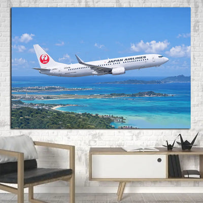 Japan Airlines Boeing 737-800 Okinawa Turquoise; level cruise above the named landscape canvas - 1 Piece