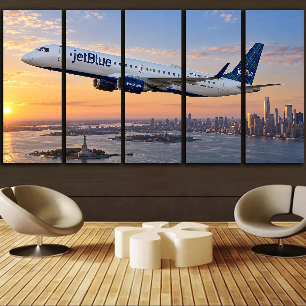 JetBlue Airways Embraer E190 clean regional jet departure above New York Harbor at dawn canvas - 5 Pieces