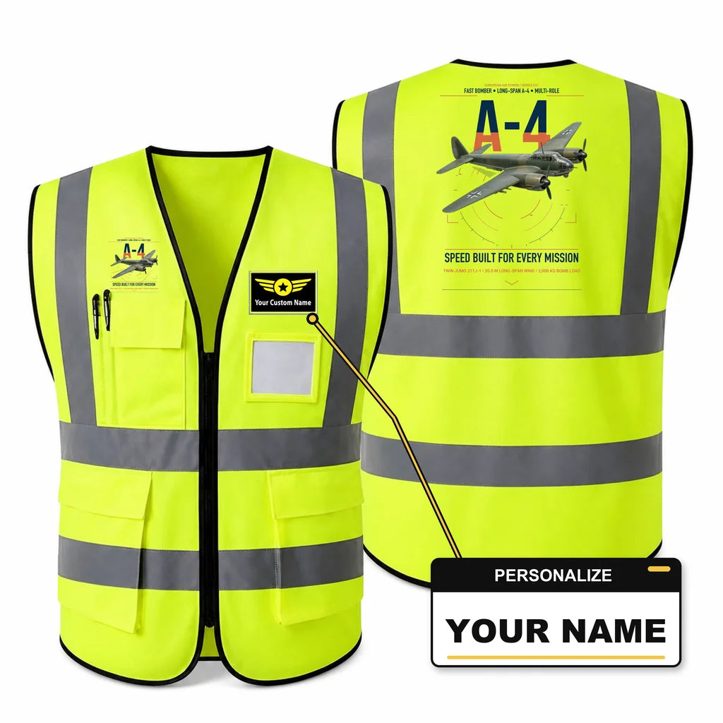 Junkers Ju 88A-4 aviation design on fluorescent green high-visibility reflective vest with custom name badge