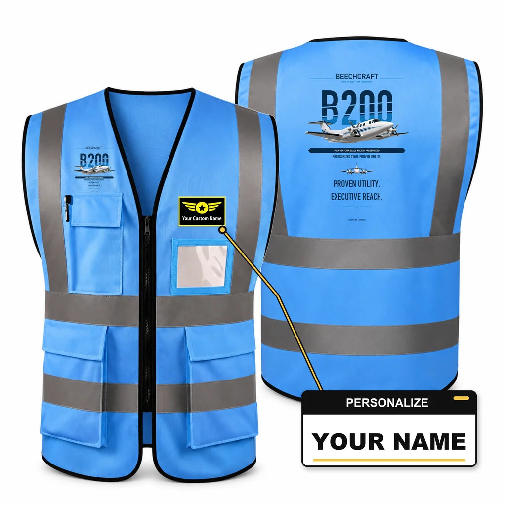 King Air B200 aviation design on blue high-visibility reflective vest with custom name badge