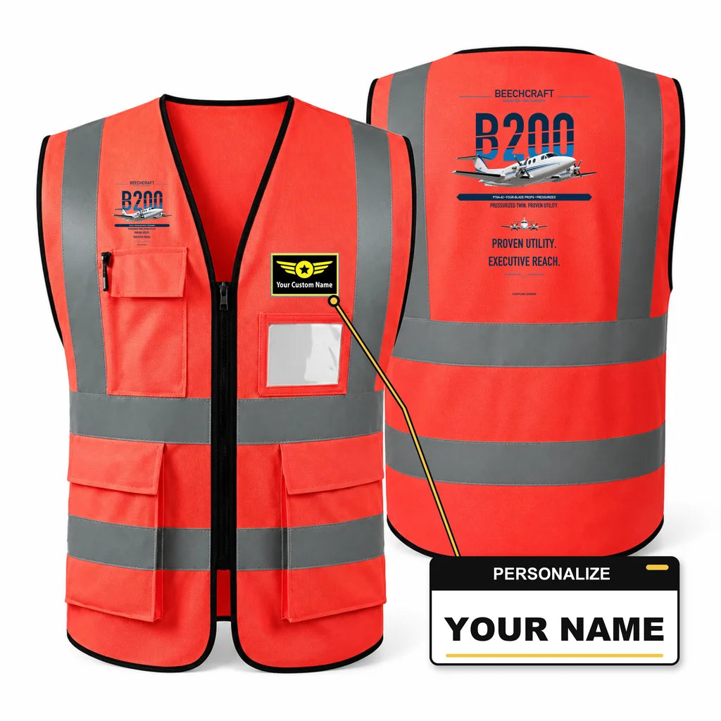 King Air B200 aviation design on red high-visibility reflective vest with custom name badge