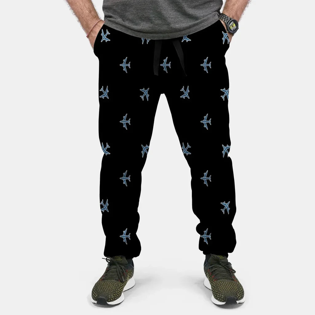Nice Airplanes (Black) aviation design on soft cotton blend 3D-printed sweatpants.