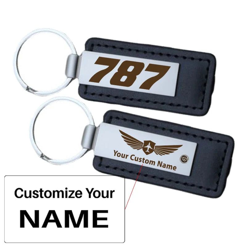 Boeing 787 Flat Text aviation PU leather key chain in PU faux leather.