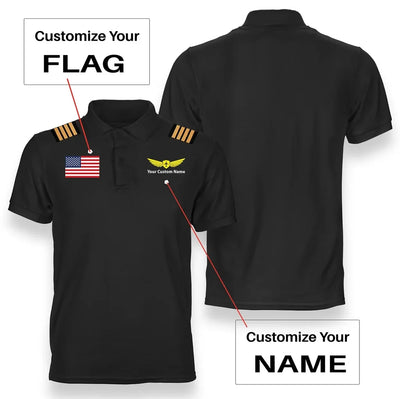 Custom Flag & Name (Badge 2) + Epaulettes aviation design printed on soft cotton polo shirt.