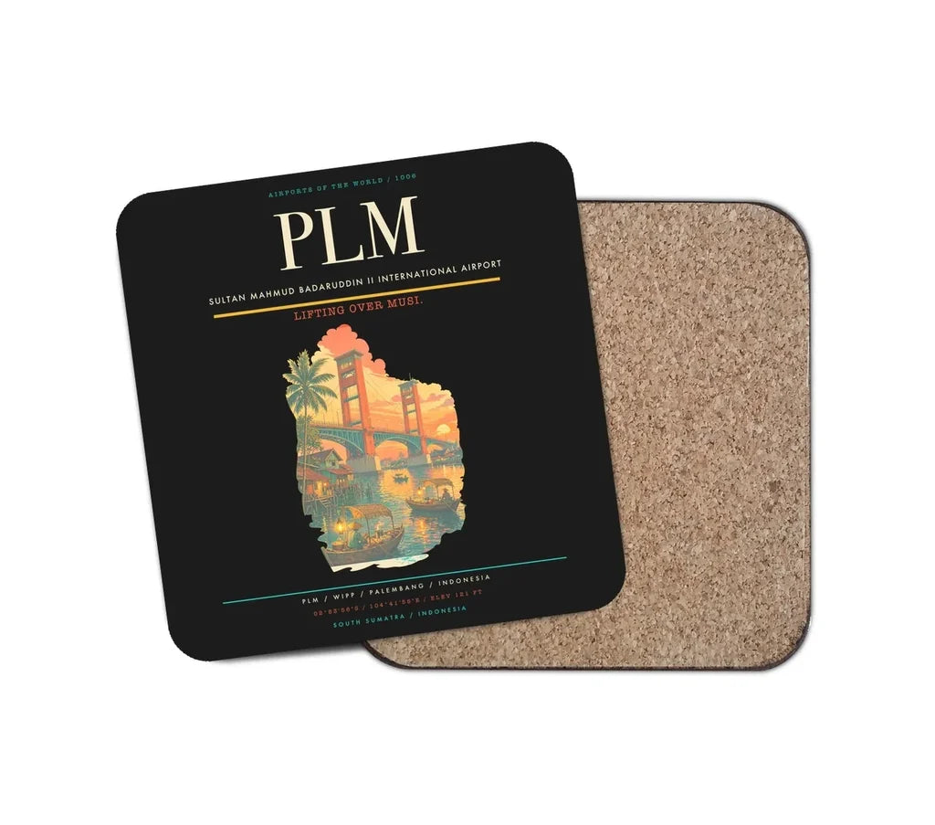 Sultan Mahmud Badaruddin II International Airport (PLM) design on black 1 piece coaster