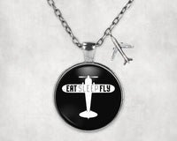Thumbnail for Side view of Eat Sleep Fly & Propeller aviation necklace in stainless steel, polished finish.