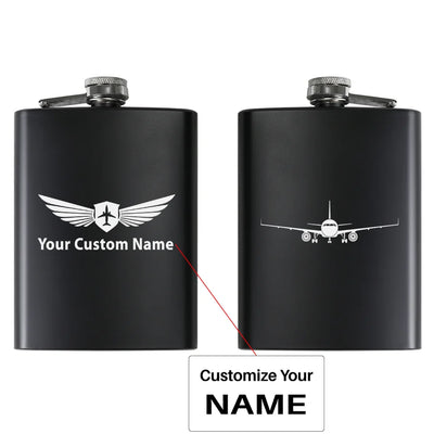 Airbus A320 Silhouette aviation design on stainless hip flask, compact pocket-size flask.