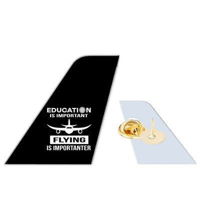 Flying is Importanter aviation design tail-shape badge pin in polished alloy.