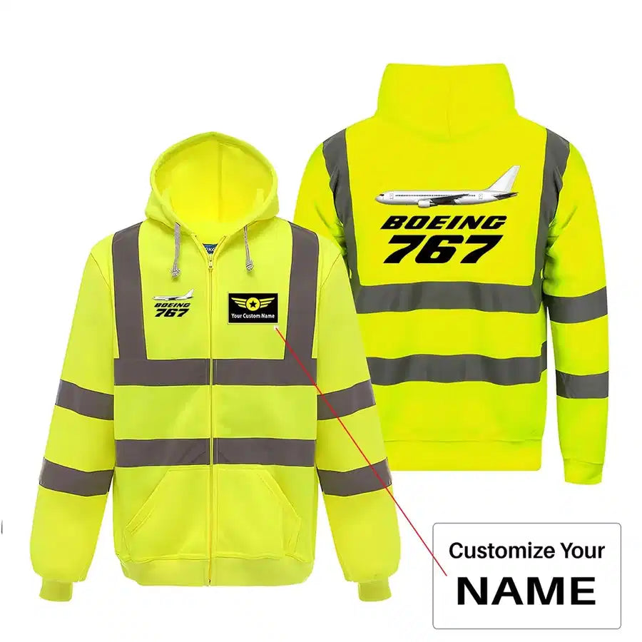 The Boeing 767 aviation design on cotton blend with reflective panels reflective zipped hoodie.