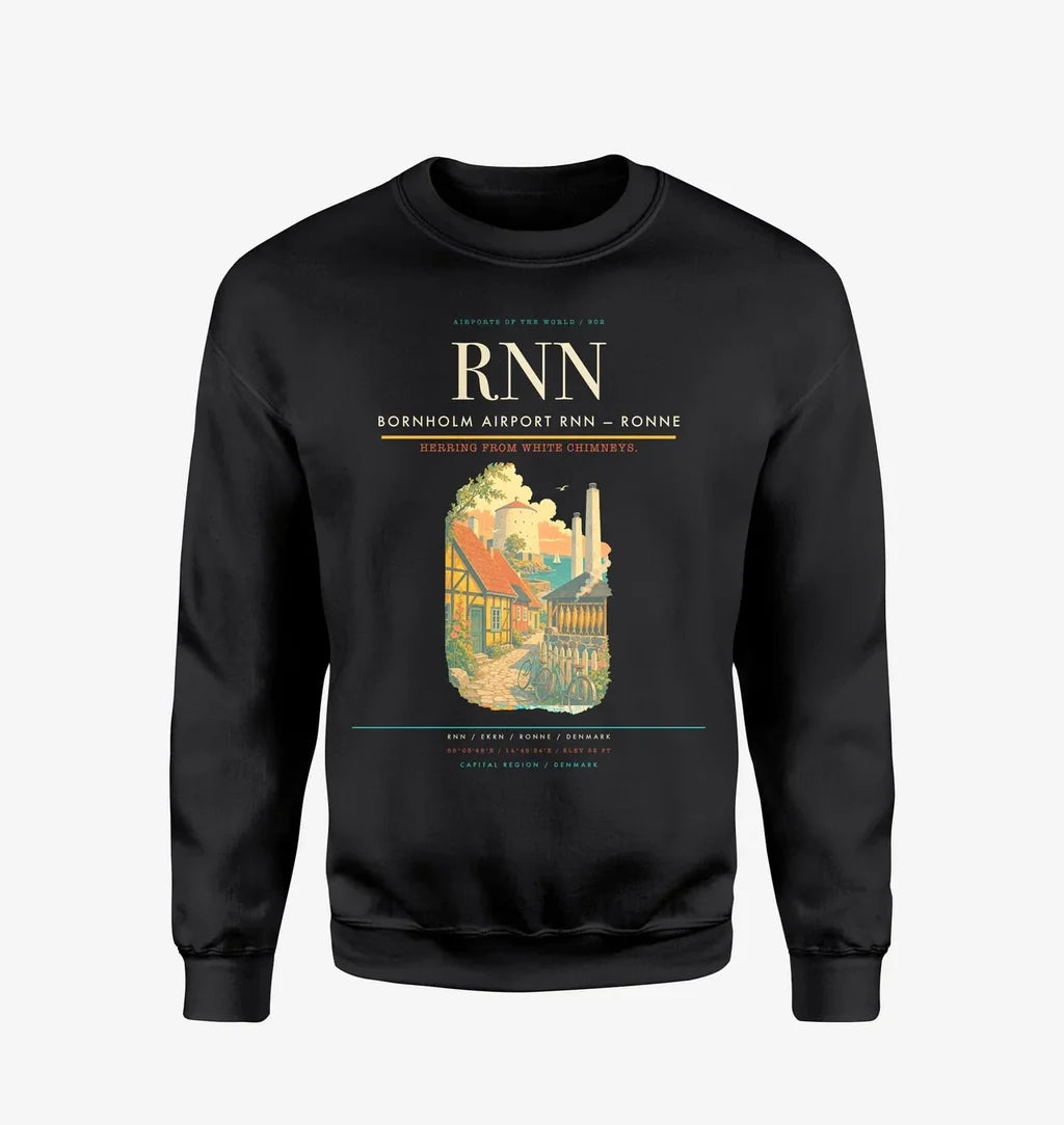 Bornholm Airport (RNN) design on black sweatshirt