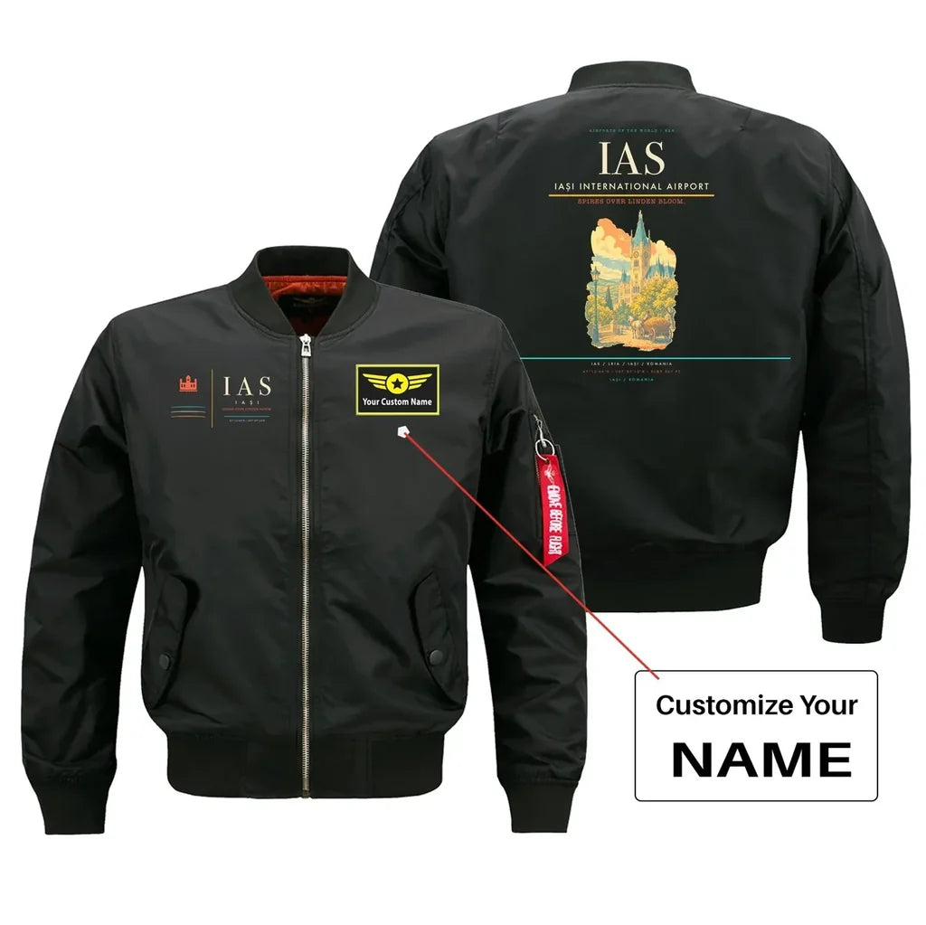 Iași International Airport (IAS) design on black bomber jacket with custom name patch