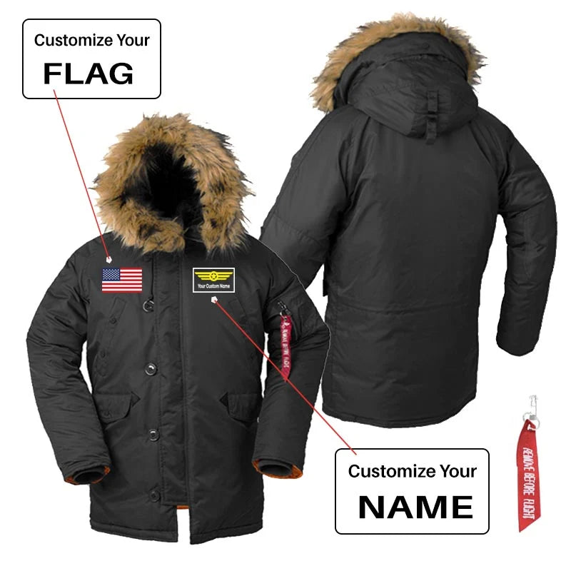 Custom Flag & Name with "Badge 1" aviation design printed on heavyweight shell with hooded warmth parka bomber.