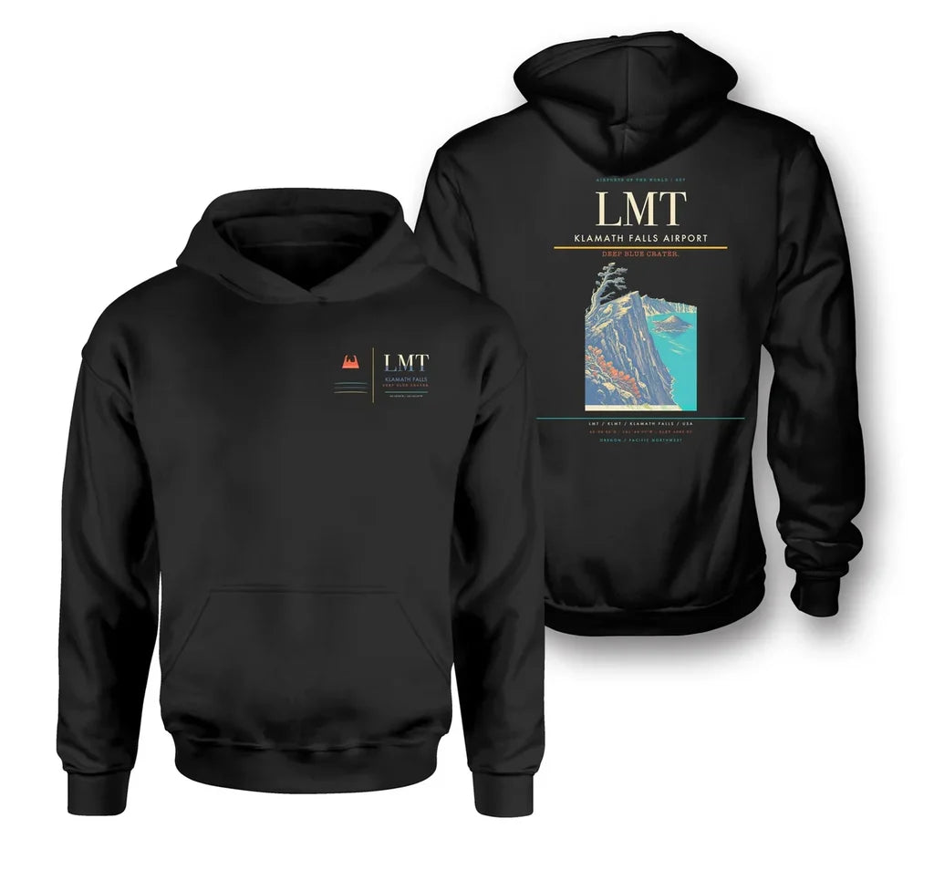 Klamath Falls Airport (LMT) design on black double-side hoodie