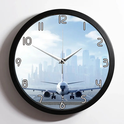 Boeing 737 & City View Behind aviation design on premium wood and metal wall clock.