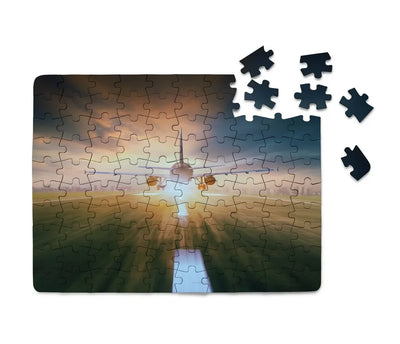 Airplane Flying Over Runway aviation design puzzle, premium cardboard.