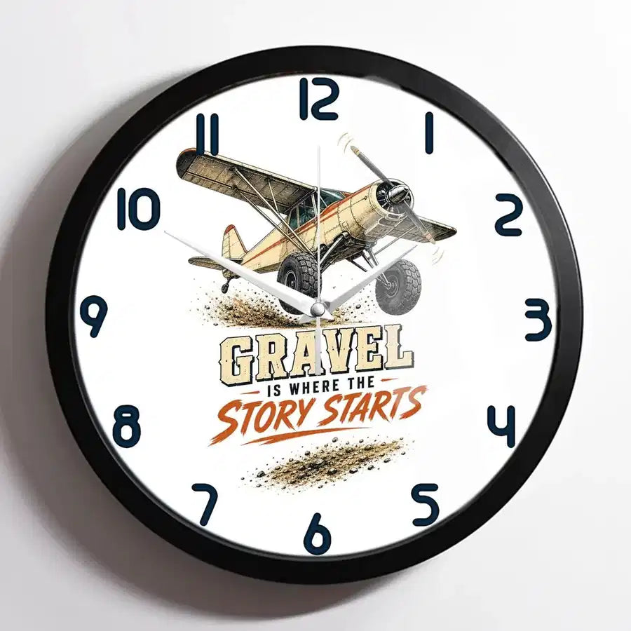 Gravel Is Where The Story Starts design on white framed wall clock