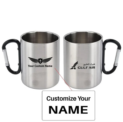 Gulf Air aviation design on outdoor mug, durable insulated construction.
