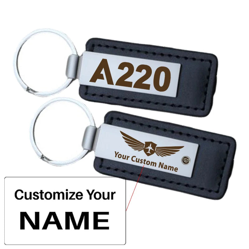 Airbus A220 Flat Text aviation PU leather key chain in PU faux leather.