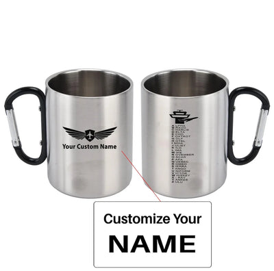 Aviation Alphabet aviation design on outdoor mug, durable insulated construction.