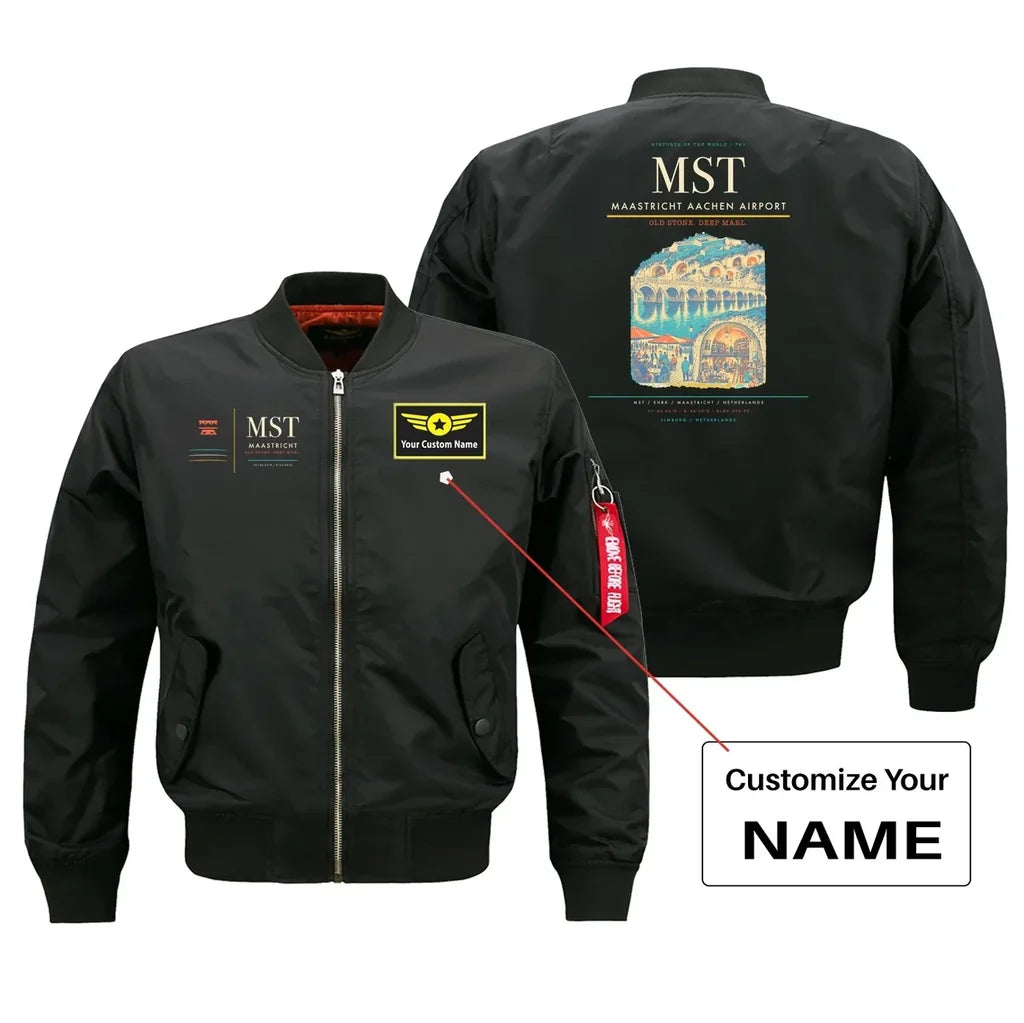 Maastricht Aachen Airport (MST) design on black bomber jacket with custom name patch