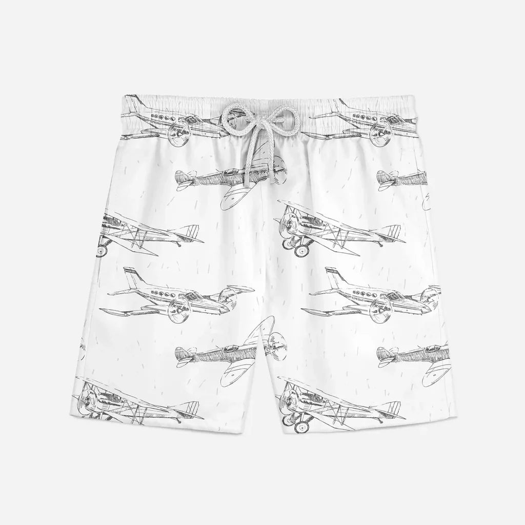 Super Aircrafts aviation print swim trunks, quick-dry polyester.