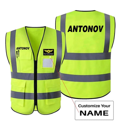 Antonov & Text aviation design printed on high-visibility reflective fabric reflective vest.