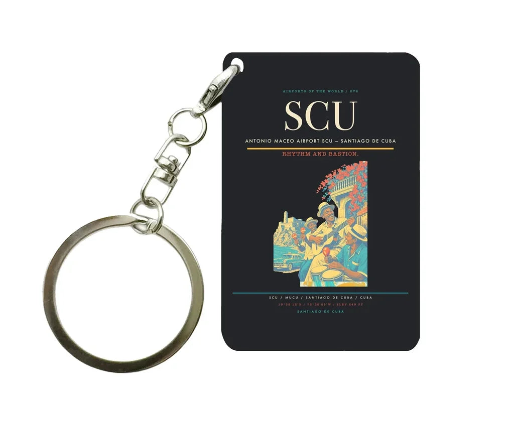 Antonio Maceo Airport (SCU) design on black key chain