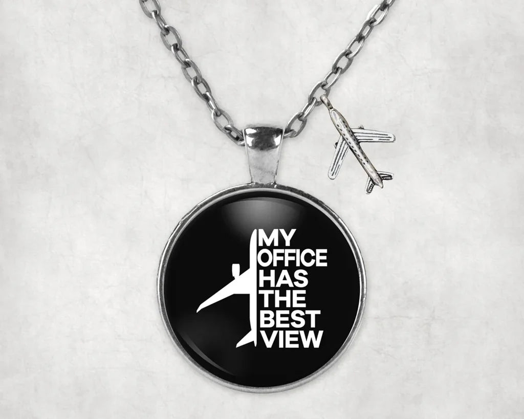 My Office Has The Best View aviation necklace, stainless steel body with engraved detail.