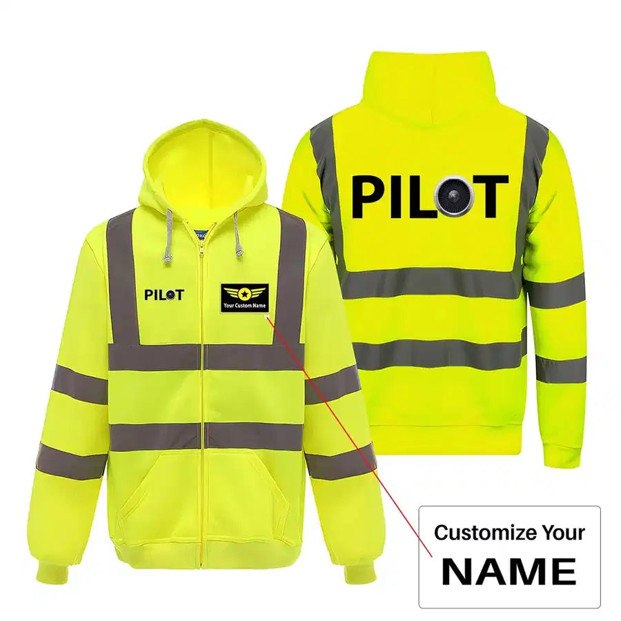 Pilot & Jet Engine aviation design on cotton blend with reflective panels reflective zipped hoodie.