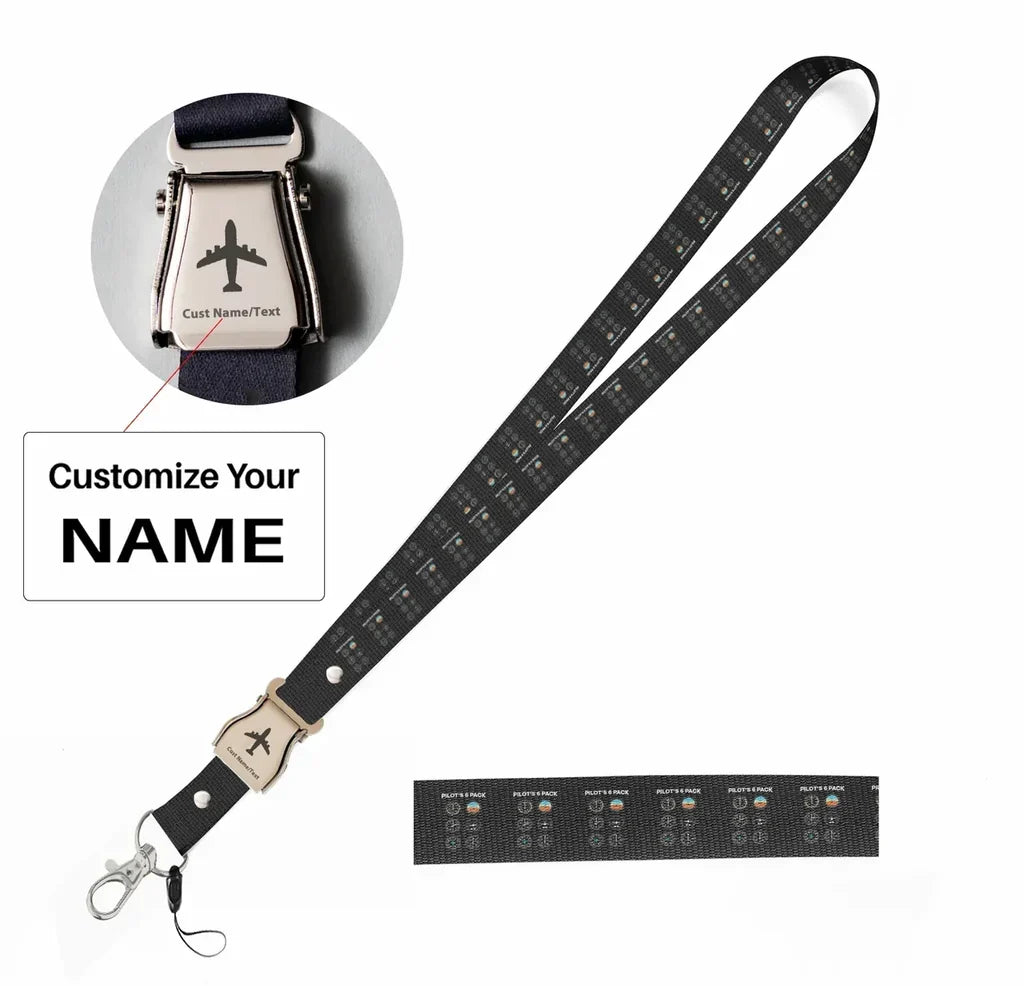 Pilot's 6 Pack seat belt lanyard - black with name