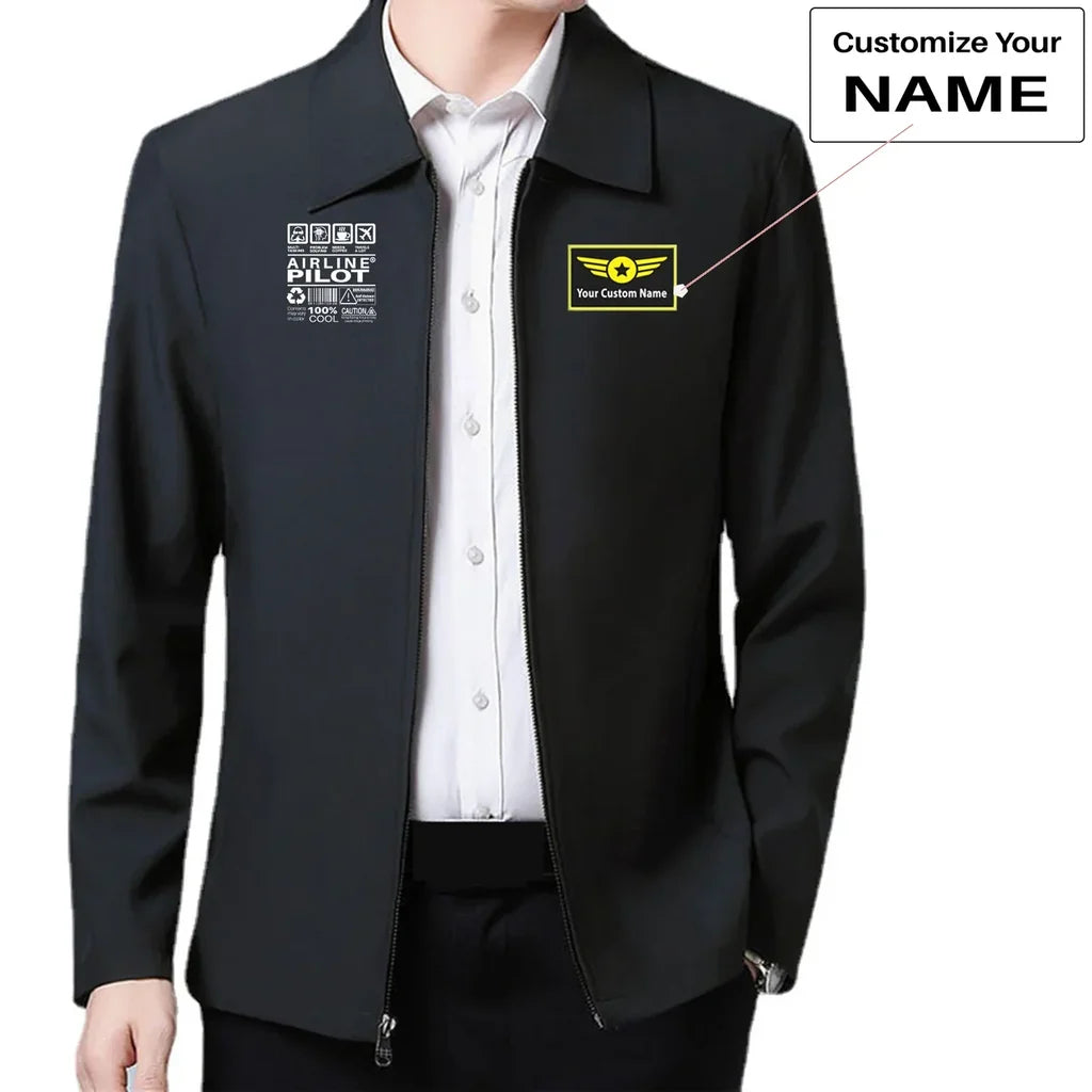 Airline Pilot Label aviation design printed on modern wool-blend shell with tailored fit stylish coat.