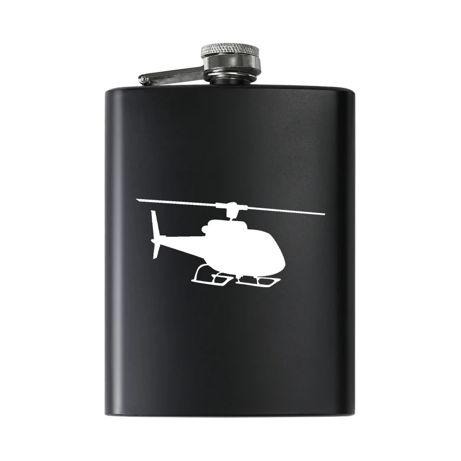 Helicopter aviation design on stainless hip flask, compact pocket-size flask.