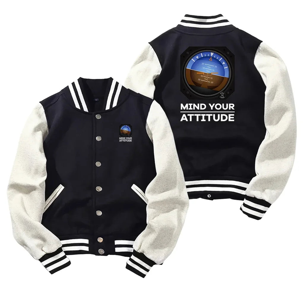 Mind Your Attitude Baseball Style aviation design printed on two-tone shell with ribbed cuffs baseball jacket.