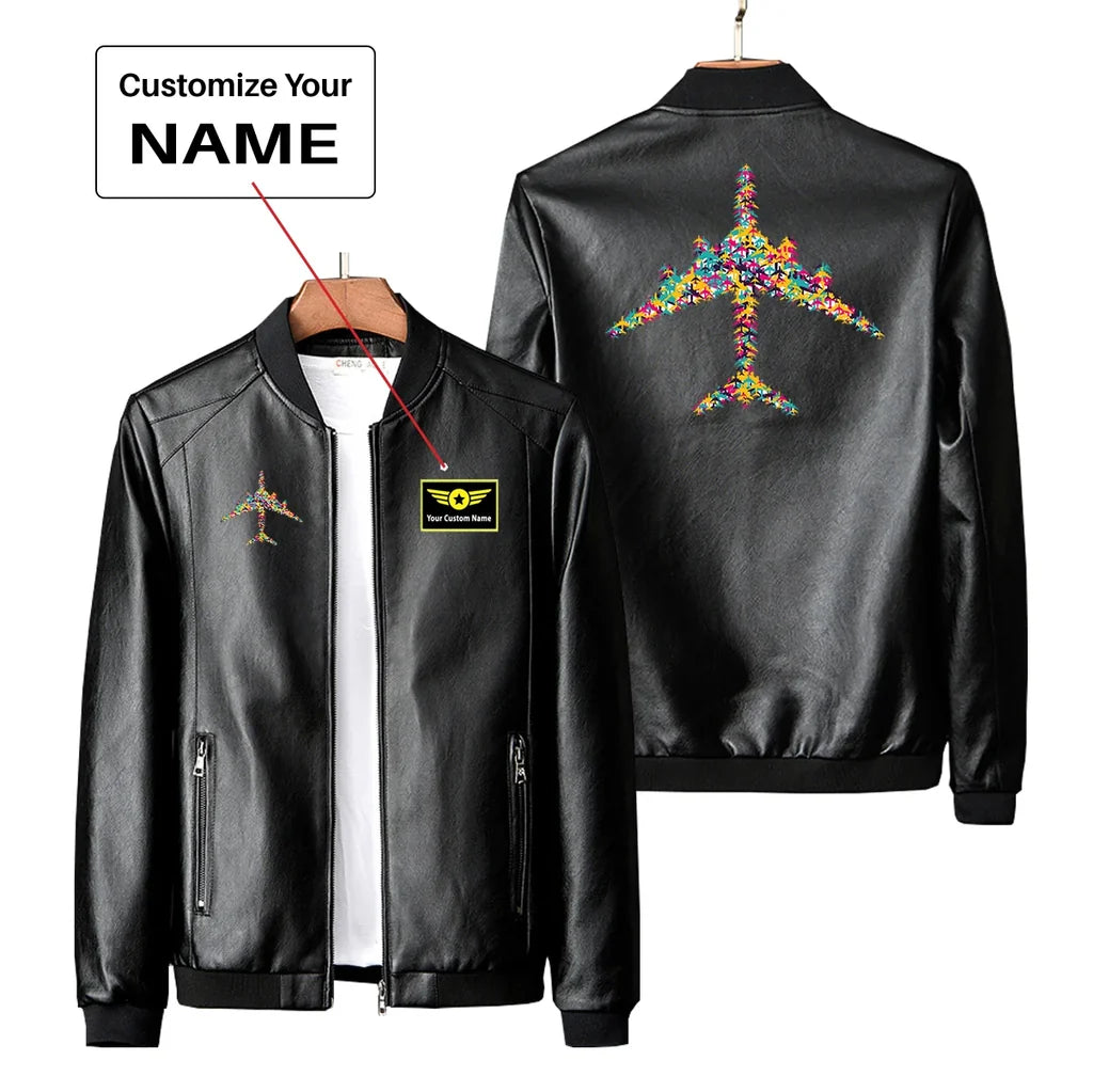 Colourful Airplane PU aviation design printed on genuine leather with quilted lining leather jacket.