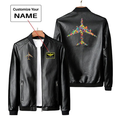 Colourful Airplane PU aviation design printed on genuine leather with quilted lining leather jacket.