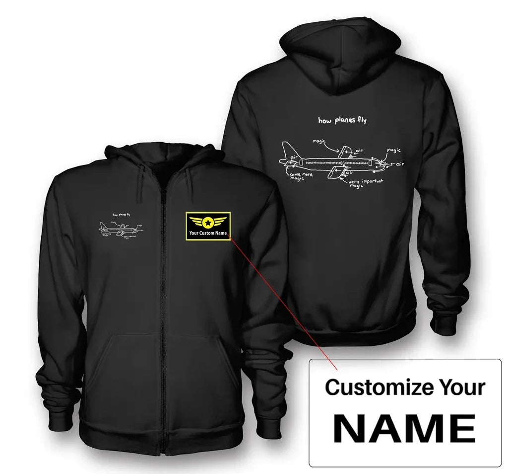 How Planes Fly aviation design on soft cotton blend zipped hoodie.