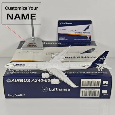 Side view of Lufthansa Germany Airbus A340-600 Airplane Model 1/400 aviation 16-18cm scale model aircraft in diecast metal.